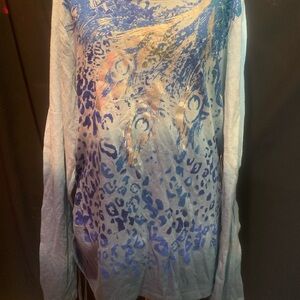 Gloria Vanderbilt Blue and Gray Leopard Print Long Sleeve Top